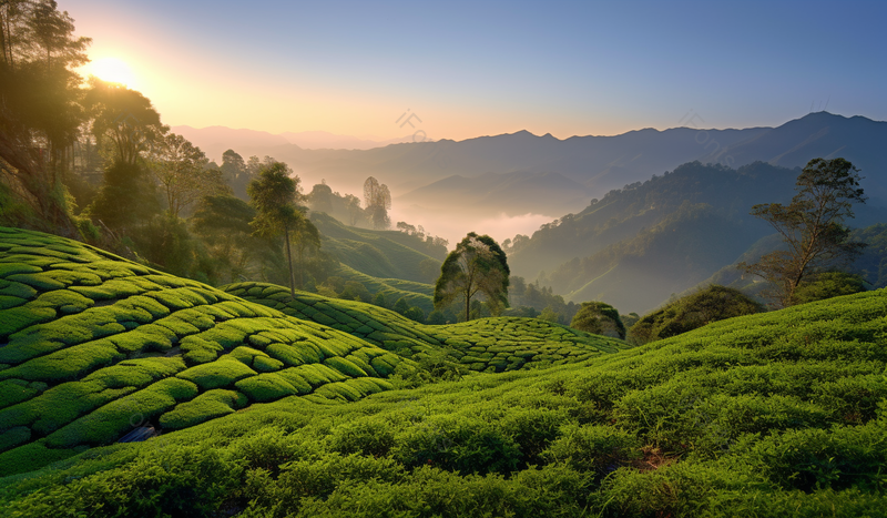 日出早晨的自然景观山中茶山茶园茶叶,高清,摄影图,摄影图片,图片大全,摄影图免费下载